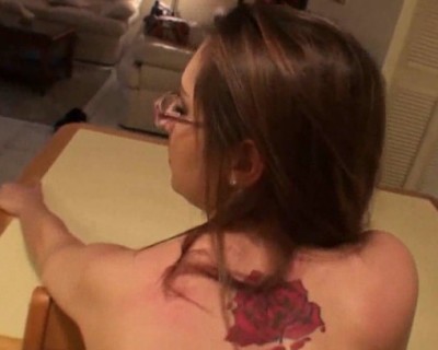 Sexy tattooed nerd girl banged in the kitchen